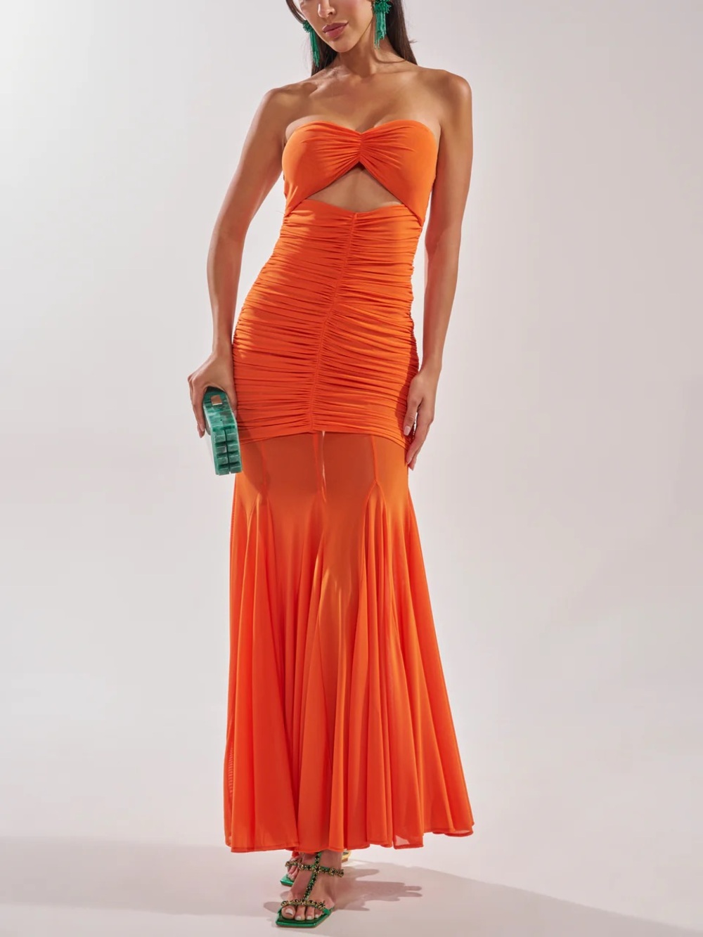 AKIRA Orange Strapless Ruched Maxi Dress